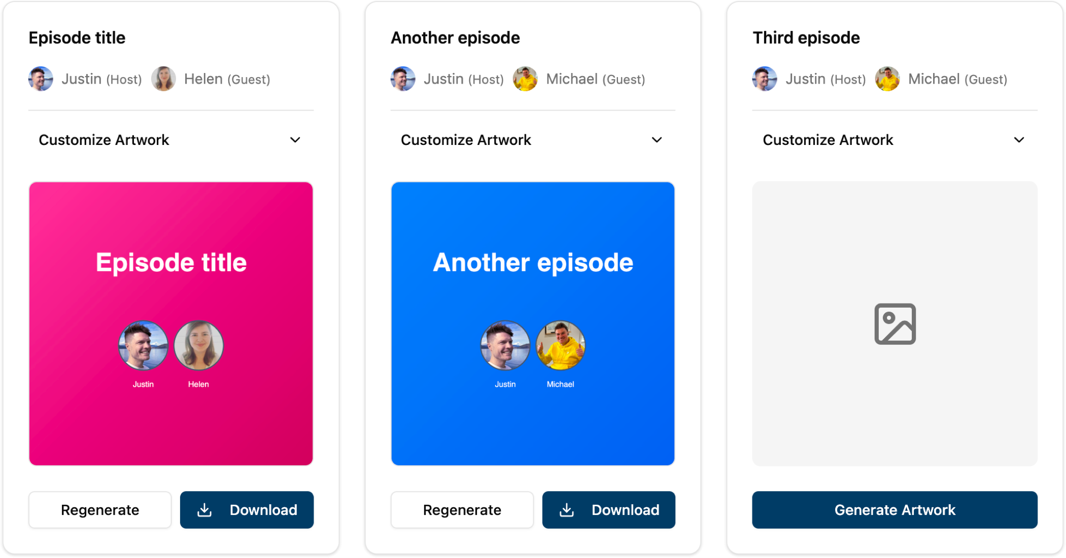 Example of how the podcast artwork generator works showing three episode cards with customization options and generated artwork